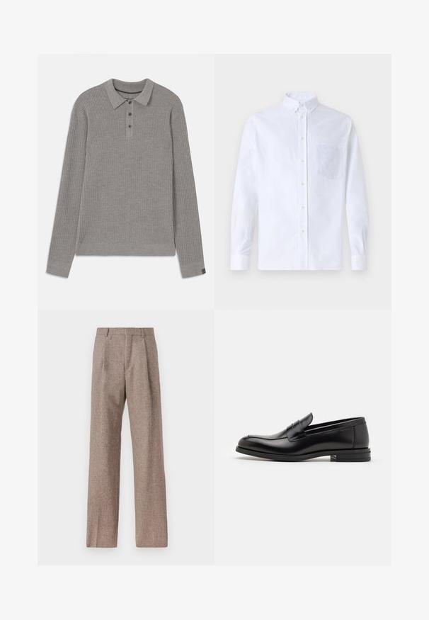 Grau gerippter Pullover mit langen Ärmeln, einem kragenförmigen Ausschnitt und Knopfverschluss. Verfügt über eine strukturierte Oberfläche und kontrastierende Akzentbündchen.; Weißes Langarm-Hemd mit Knöpfen aus Baumwolle, ausgestattet mit einer Brusttasche mit tonalem Stickerei, einem Kragen und Knopfmanschetten.; Braune, hochtaillierte Hose aus strukturiertem Stoff. Mit weitem Bein und zwei vorderen Bügelfalten für zusätzliche Form. Saubere Verarbeitung ohne sichtbare Hardware.; Schwarze Lederloafers mit glatter Textur, rundem Zehenbereich und einem dekorativen Riemen über dem Vorderfuß. Niedriger, gestapelter Absatz, minimalistisches Design.