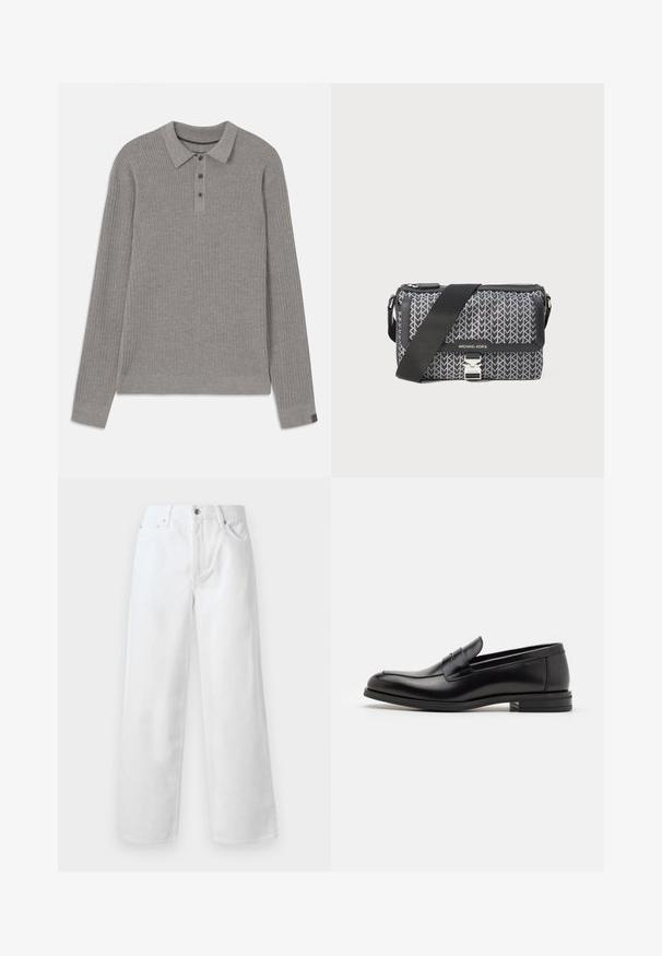 Pelēks ribots džemperis ar garām piedurknēm, apkakles izgriezumu un pogu aizdari. Iespējas ietver teksturētu virsmu un kontrastējošas aproces akcentus.; rag & bone BAGGY - Plati džinsi - white; Melnas ādas kurpes ar gludu tekstūru, noapaļu purngalu un dekoratīvu siksniņu pāri priekšpusei. Zems sakrauts papēdis, minimālisma dizains.; Melnas un pelēkas rakstotas plecu soma ar ģeometrisku dizainu, ar rāvējslēdzēju un sudraba toņu aparatūras akcentu. Iekļauta regulējama siksna.