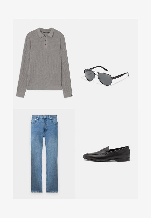 Gray ribbed pullover with long sleeves, a collared neckline, and button placket. Features a textured finish and contrasting cuff accents.; Light blue denim jeans with a straight cut, five pockets, a zipper fly, and contrasting stitching. Fabric has a smooth, textured finish.; Black leather men's loafer with a low heel and a classic penny strap design, shown in side profile on a white background.; Black aviator sunglasses with dark lenses, thin metal frame, and slender plastic arms featuring logo accents.