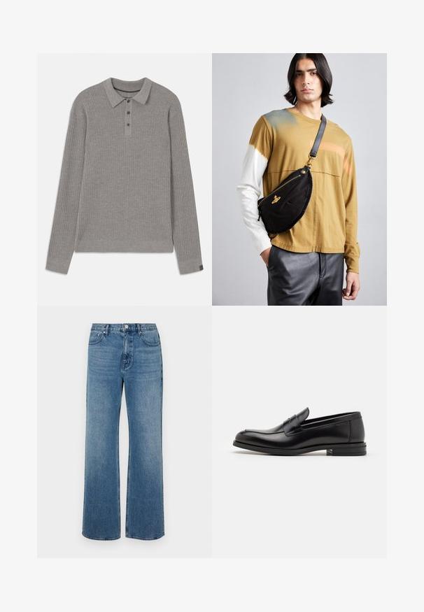Sivi rebrasti pulover s dugim rukavima, ovratnikom i otvorom za gumbe. Ima teksturiranu površinu i kontrastne akcentne rukave.; Široke plave traperice od denima s izblijeđenim završetkom. Imaju pet džepova, prednje kopčanje na gumb i ravni kroj.; Crni kožni mokasini s glatkom teksturom, zaobljenim prstima i ukrasnom trakom preko prednjeg dijela. Niski slojeviti potplat, minimalistički dizajn.; Vivienne Westwood CITY BUMBAG UNISEX - Pojasna torbica - black