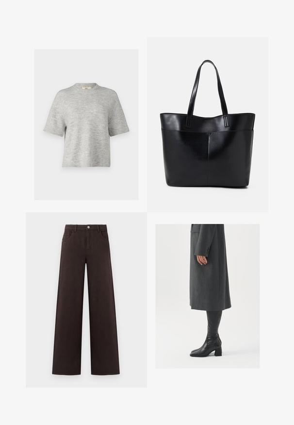 Gina Tricot Strikkegenser - grey; Bredde benbukser i mørkebrun bomullsstoff. Har knapplukking og frontlommer, med glatt tekstur og rene linjer.; Grå, skreddersydd frakk med rett snitt; kombinert med knehøye svarte lærstøvler med firkantet tå og kraftig hæl.; Svart lær toteveske med to lange håndtak, en glatt tekstur og en strukturert form. Har en frontlomme for ekstra oppbevaring.; Gullfargede øredobber med teksturerte, bølgete former. Inkluderer skulpturelle klipsstuds og åpen hoop-design med en hamret finish.