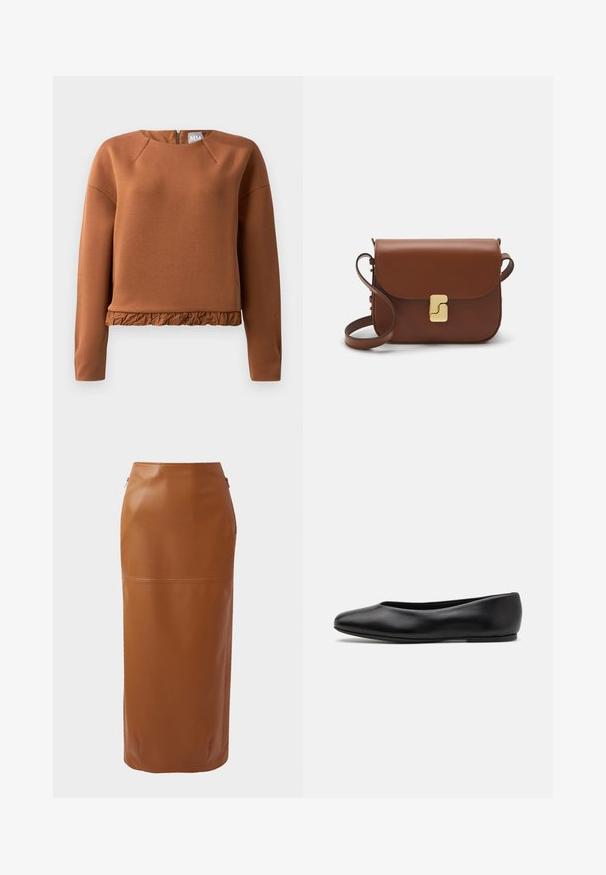 Brown pullover sweatshirt with round neckline, long sleeves, and a ruffled hem. Made of smooth fabric with a subtle sheen and zip closure at back.; Brown leather midi skirt with a fitted silhouette, side zippers, and a smooth texture. Features a horizontal seam detail near the hem.; Paul Smith TOPANGA - Ballet pumps - black; Brown leather handbag with a flap closure, gold-tone hardware, a shoulder strap, and a smooth texture. Compact rectangular shape.