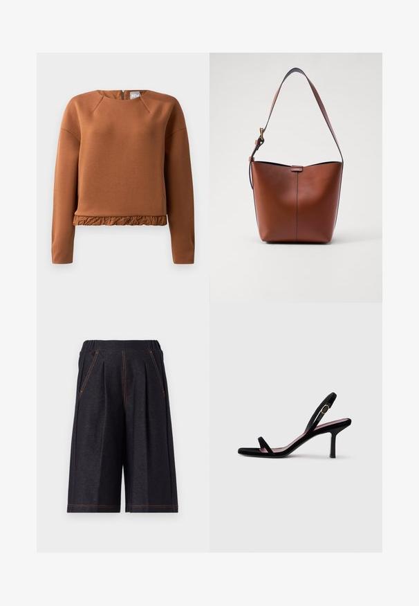 Barna pulóver sweatshirt, kerek nyakkivágással, hosszú ujjal és fodros aljjal. Simogató érzésű, enyhén fényes anyagból készült, a hátsó részen cipzáras záródással.; Sötét szürke, puha anyagból készült rövidnadrág, pleátokkal és narancssárga varrási részletekkel. Rugalmas derékpánt a kényelemért, térd hosszúságú kivitel.; Fekete velúr női magassarkú szandál slim pántokkal és arany csattal, fehér háttér előtt, oldalnézetben.; Barna bőr válltáska ívelt formával, sima felülettel és egy vékony pánttal. Diszkrét varrással és kis logóval rendelkezik.