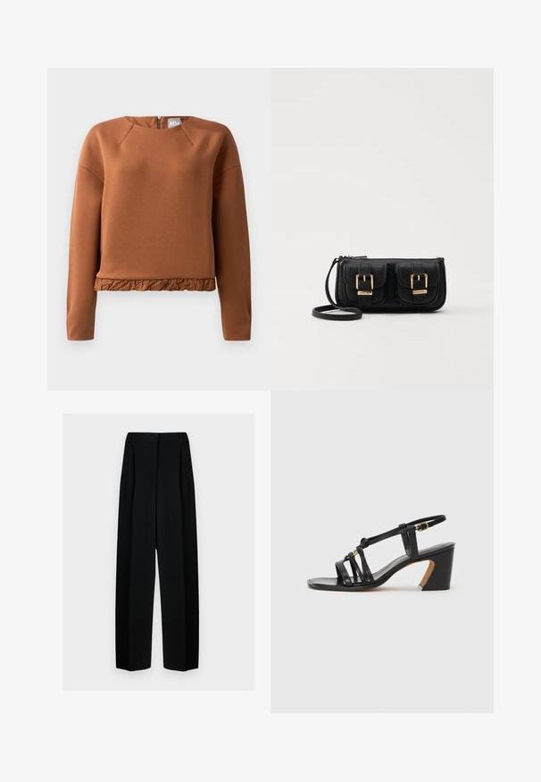 Rudas megztinis su apvaliu iškirptu, ilgomis rankovėmis ir raukšlėtu apdailu. Pagamintas iš lygios medžiagos su subtiliu blizgesiu ir užtrauktuku gale.; Juodos plačios kelnės su aukštu liemeniu, su klostėmis ir glotnia tekstūra. Medžiaga atrodo lengva ir dailiai krenta.; Paul Smith AMIRA - Klasikiniai aukštakulniai - black; Juodas odinis per petį nešiojamas krepšys su dviem priekiniais kišenėmis, auksiniais sagtimis, užtrauktuko uždarymu ir siauromis petnešomis. Textūruota paviršius ir kompaktiškas stačiakampis formatas.