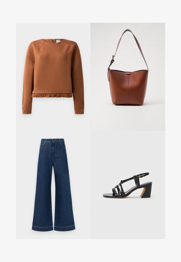 Barna pulóver sweatshirt, kerek nyakkivágással, hosszú ujjal és fodros aljjal. Simogató érzésű, enyhén fényes anyagból készült, a hátsó részen cipzáras záródással.; Magas derekú, széles lábú kék farmernadrág, gombos záródással, övhurkokkal és diszkrét varrási részletekkel a zsebeknél és a szegélyeknél.; Paul Smith AMIRA - Klasszikus sarkú cipők - black; Barna bőr válltáska ívelt formával, sima felülettel és egy vékony pánttal. Diszkrét varrással és kis logóval rendelkezik.