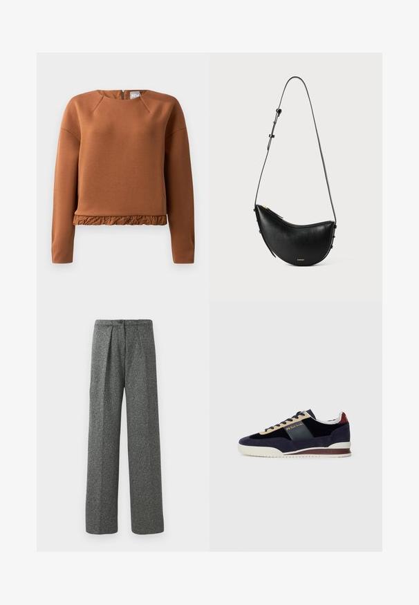 Brun sweatshirt med rund halsringning, långa ärmar och volangkant. Tillverkad av en slät tyg med en diskret lyster och dragkedjestängning bak.; Grå högmidjade vida byxor med framfåror, knappstängning och en texturerad yta.; Mörkblå mockaskor med beige och mörkblå detaljer. Har en vit gummisula och gyllene märkning på sidan. Klassisk sportig design.; Svart läderhandväska med en böjd form och en justerbar rem. Har ett dragkedjestängning och minimal guldfärgade detaljer.