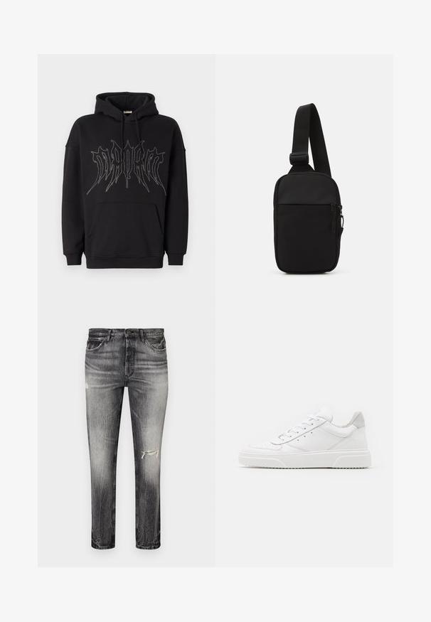 Black hooded sweatshirt made of cotton blend, featuring a large rhinestone graphic on the front and a kangaroo pocket. Soft texture.; Faded black denim jeans with a straight cut, featuring distressed areas, front pockets, and a classic button closure.; White leather sneakers with a smooth finish, rounded toe, flat laces, and a textured sole. Grey suede accent at the heel.; Black crossbody bag made of durable fabric, featuring a single adjustable strap, a zippered main compartment, and a front pocket.