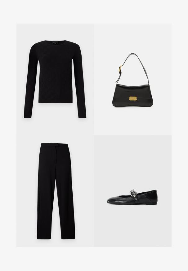 Μαύρη μπλούζα με μακριά μανίκια και υφή με τετράγωνο σχέδιο. Στρογγυλή λαιμόκοψη και εφαρμοστή σιλουέτα, φτιαγμένη από μαλακό υλικό.; Μαύρο παντελόνι σε καμπάνα φτιαγμένο από μαλακό, ελαστικό ύφασμα. Διαθέτει μία λείο ζωνάκι και χωρίς ορατές ραφές ή τσέπες. Απλός και ευέλικτος σχεδιασμός.; Μαύρες δερμάτινες μπαλαρίνες με μυτερή μύτη, που διαθέτουν ένα λουράκι με κυκλικό μεταλλικό κούμπωμα και επίπεδη σόλα.; Μαύρη δερμάτινη τσάντα χειρός με καμπυλωτό σχέδιο, χρυσή πινακίδα λογότυπου και λεπτό λουρί ώμου. Λείο υλικό με κομψή φινέτσα.
