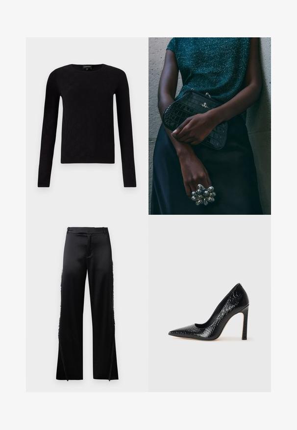 Melns garām piedurknēm tops ar teksturētu kvadrātu rakstu. Apaļš kakls un pieguļoša forma, izgatavots no mīkstas materiāla.; Melnas satīna bikses ar platām kājām, ar frēzi detaļām gar sānu šuvēm un plakanu priekšējo jostas daļu. Vienkārša aizmugure bez kabatām.; Melni augstpapēžu apavi ar norādītu purngalu, ar krokodila ādas tekstūru, izceļoties ar elegantu dizainu, augstu stiletto papēdi un gludu melnu interjeru.; Melna krokodilā ādas raksta rokassoma ar sudraba detaļām, turēta pretī tekstūrētai pelēkai fona. Iespējo spīdīgu virsmu.