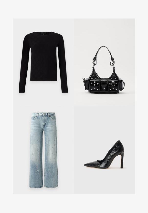 Črn top z dolgimi rokavi z teksturiranim kvadratnim vzorcem. Okrogli ovratnik in prilagojena oblika, narejen iz mehkega materiala.; Svetlo modri široki jeans narejeni iz denima, z gradientnim barvnim učinkom in okrasitvami iz srebrnih rhinestones v vertikalnem vzorcu.; Črne čevlje z visoko peto in konico v obliki puščice, z teksturo krokodilje kože, ki se ponašajo s sleek oblikovanjem, visokim stiletto peto in gladkim črnim notranjostjo.; Črna usnjena torbica s ukrivljenim dizajnom, ki vsebuje srebrne žebljičke, zaponko in dve stranski žepki. Nastavljiv trak za različne možnosti nošenja.