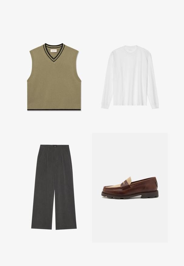 Sleeveless v-neck sweater in olive green ribbed knit, featuring black striped accents at the collar and bottom hem.; White long-sleeve cotton t-shirt with a crew neck, featuring ribbed cuffs and a straight hem, smooth texture, and minimalistic design.; Wide-leg trousers in dark grey fabric, featuring a pleated front, two side pockets, and a flat waistband. Smooth texture and tailored design.; Brown leather loafers with a taupe canvas accent, stitched detail, and a textured rubber sole designed for comfort and durability.