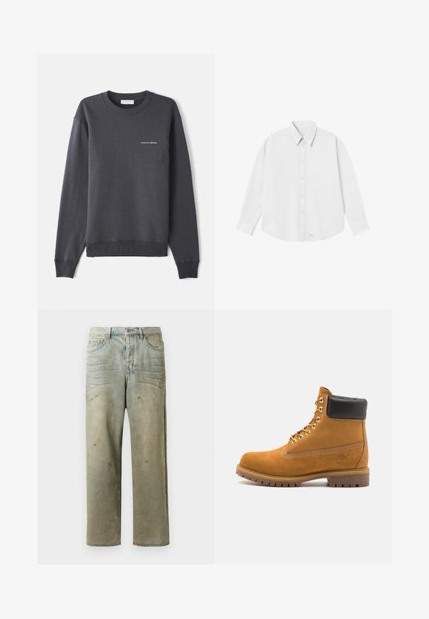 Tumši pelēks džemperis, kas izgatavots no mīksta auduma, ar garām piedurknēm, apaļu kakla izgriezumu un mazu baltu logotipu uz krūtīm.; Balta krekla ar pogām ar klasisko apkakli, garām piedurknēm un noapaļotu apakšmalu; lejas kreisajā stūrī ir neliels oranžs logs.; Izsistās džinsās gaisā zaļā krāsā, ar taisnu kāju, piecu kabatu dizainu un nevienmērīgu izbalēšanu, kā arī krāsas šļakatas.; Brūna zamša potīte ar melnu izšuvumu ap kaklu, zelta metāla acu caurumi, balta šuvju apdare un izturīgs gumijas zole ar izteiktu zīmējumu.