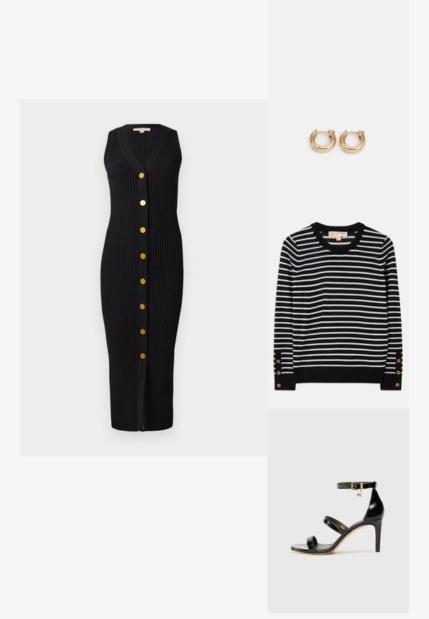 Mustro ja valge triibuline sviiter ümmarguse kaeluse, pikkade varrukate ja kuldsete nupuvajutustega mansettide lähedal. Pehme kudumise materjal.; Mustmust värvi ribakudumine kleit V-kaelusega, ilma varrukateta disain ja kuldse tooni nupud esiküljel, millel on voolujoonekujuline siluett.; Must musta nahk sandaal kolme rihmaga, pahkluu vööga ja 4-tollise stilettakontsaga. Omab kuldset detaili ja logovõtit.; Musta nahast risti kott kuldsete ahelate aktsentidega, lukuga sulgemine ja eemaldatav kangast rihm. Michael Korsi logo ees.; Kullatud rõngaste kõrvarõngad, millel on poleeritud viimistlus, pakuvad paksu ringikujulist disaini ja kindlat sulgemismehhanismi. Sile tekstuur ja läikiv välimus.