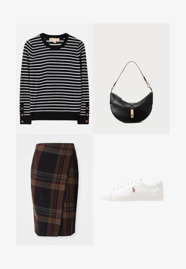 Maglione a strisce bianche e nere con scollatura rotonda, maniche lunghe e dettagli con bottoni dorati vicino ai polsini. Materiale in maglia morbido.; Gonna a matita tartan in colori scuri con motivi orizzontali e verticali. Realizzata in lana, presenta uno spacco laterale per facilitare il movimento.; Sneakers in pelle bianca, design low-top, caratterizzati da una texture liscia, punta rotonda, chiusura con lacci e un piccolo logo ricamato sul lato.; Borsa a tracolla nera in pelle a forma di mezzaluna. Presenta un accento in metallo dorato e una tracolla sottile. Tessuto liscio, chiusura a cerniera nella parte superiore.