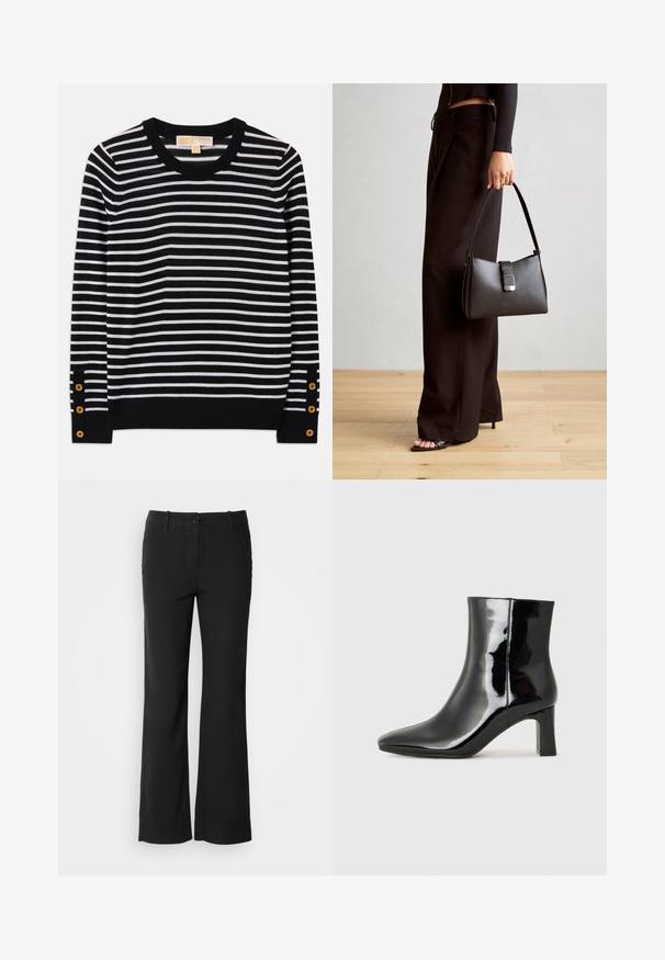 Gestreifter Pullover in Schwarz und Weiß mit rundem Ausschnitt, langen Ärmeln und goldenen Knopfdetails an den Ärmeln. Weiches Strickmaterial.; Schwarze Baumwollmischungshose mit geradem Bein, vorderem Knopfverschluss und zwei Seitentaschen. Glatte Textur, keine sichtbaren Muster.; Schwarzer Lackleder-Stiefelette mit spitzer Zehe und einem mittelhohen Blockabsatz. Glatte Textur und minimalistisches Design.; Schwarze Handtasche mit strukturierter Form, glatter Textur und einem metallischen Verschluss. Kombiniert mit weiten schwarzen Hosen und offenen Sandalen auf einem Holzboden.