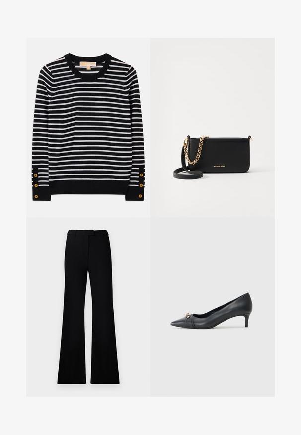 Pull en maille à rayures noires et blanches avec un col rond, des manches longues et des accents de boutons dorés près des poignets. Matière en maille douce.; Pantalons évasés noirs avec une texture lisse, une taille cintrée et des poches avant, conçus avec une silhouette moderne et élégante.; Escarpin noir en cuir à bout pointu avec un petit talon, doté d'une sangle texturée et d'un accent métallique à l'avant. Surface lisse et design épuré.; Pochette en cuir noir avec un accent en chaîne dorée, texture lisse et détails en logo doré. Inclut une bandoulière ajustable pour plus de polyvalence.; Boucles d'oreilles en or avec une finition polie, présentant un design circulaire épais et un mécanisme de fermeture sécurisé. Texture lisse et apparence brillante.