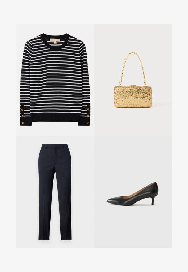 Čierny a biely pruhovaný sveter s okrúhlym výstrihom, dlhými rukávmi a zlatými gombíkmi pri manžetách. Mäkký pletený materiál.; Námornícke nohavice s rovnými nohavicami, so hladkou textúrou, dvoma prednými vreckami a čistým pásom.; Čierny kožený podpatek s špicatou špičkou, nízkym opätkom a hladkým povrchom. Obsahuje mierne otvorenie vpredu a minimálne kovové detaily na zadnej strane.; Zlatá flitrová listová taška s obdĺžnikovým tvarom, vybavená skrúteným reťazovým držadlom a kovovým uzatváraním, odrážajúca svetlo s textúrovaným povrchom.
