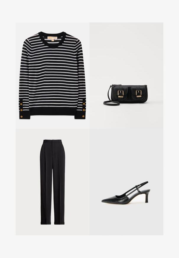 Stribet sweater i sort og hvid med rund halsudskæring, lange ærmer og guldknapdetaljer nær manchetterne. Blødt strikmateriale.; Sorte skrædderbukser med høj talje, der har folder fortil, en lige benlængde og ombukket kant. Lavet af glat stof.; Sorte patent slingback hæl med spids tå, prydet med tekstureret slangeskindsmønster, justerbar rem og en kort, tekstureret blokhæl.; Sort læder crossbody taske med to frontlommer, guldspænder, lynlåslukning og en slank rem. Struktureret overflade og kompakt rektangulær form.