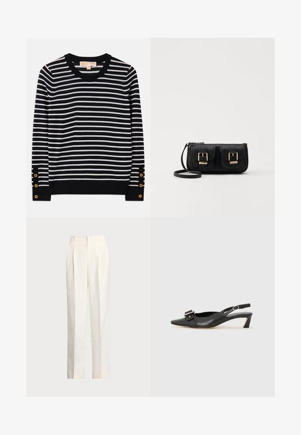 Svart och vit randig tröja med rund halsringning, långärmade och guldknappar vid ärmsluten. Mjuk stickad material.; Polo Ralph Lauren HEMP WIDE LEG PANT - Tygbyxor - nevis; Svart lädersko med slingback, spetsig tå, liten klack och dekorativ spänndetalj på ovansidan. Slät struktur, minimalistisk design.; Svart läderaxelväska med två framfickor, guldspännen, dragkedjestängning och en smal rem. Texturerad yta och kompakt rektangulär form.