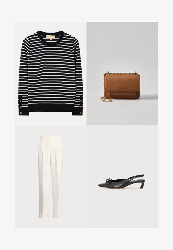 Zwart-wit gestreepte trui met een ronde halslijn, lange mouwen en gouden knopenaccenten nabij de mouwen. Zacht breimateriaal.; Polo Ralph Lauren HEMP WIDE LEG PANT - Broek - nevis; Zwarte leren slingback schoen met scherpe neus, kleine hak en decoratieve gespdetails op de bovenkant. Stijlvolle textuur, minimalistisch ontwerp.; Bruine lederen schoudertas met textuur, voorzien van een gouden kettingstrap en klepsluiting. De voorkant heeft een logo-detail en een zak onder de klep.