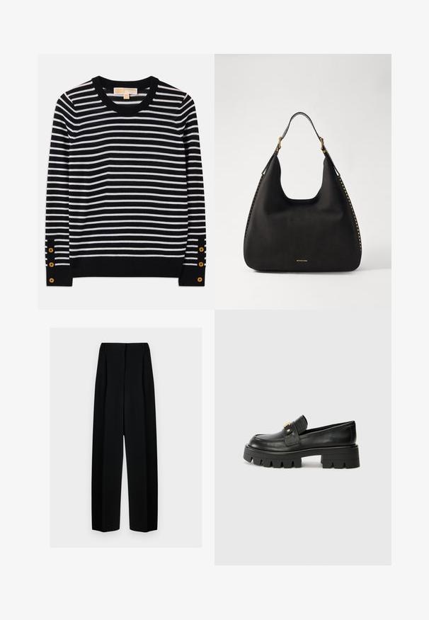 Pull en maille à rayures noires et blanches avec un col rond, des manches longues et des accents de boutons dorés près des poignets. Matière en maille douce.; Pantalons noirs à jambes larges avec une taille haute, présentant des plis et une texture lisse. Le tissu semble léger et tombe élégamment.; Mocassins en cuir noir avec une semelle épaisse, présentant un accent doré à l'avant et une finition lisse. Design à crampons épais sur la semelle.; MICHAEL Michael Kors NOLITA HOBO  - Sac à main - black