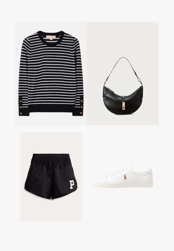 Czarny i biały sweter w paski z okrągłym dekoltem, długimi rękawami i złotymi guzikami przy mankietach. Miękki materiał dzianinowy.; Czarne szorty sportowe z elastycznym paskiem w talii, kremowymi paskami po bokach i białym logo "P" na dolnej lewej stronie. Gładka tkanina, luźny krój.; Białe skórzane sneakersy, niskoprofilowy design, charakteryzujące się gładką fakturą, okrągłym noskiem, sznurowanym przodem i małym haftowanym logo z boku.; Czarna skórzana torebka w kształcie półksiężyca. Ma złote akcenty i wąski pasek. Gładka tekstura, zamek błyskawiczny na górze.