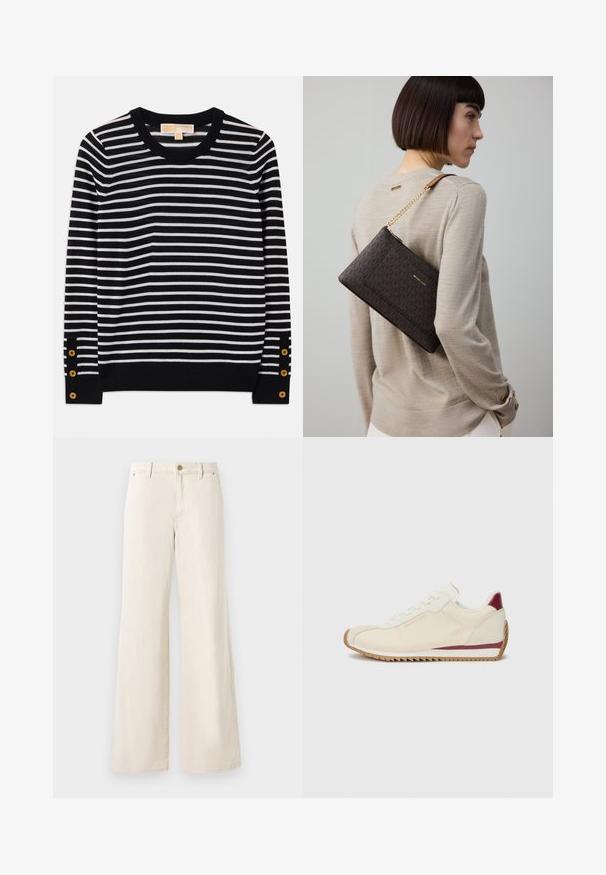 Gestreifter Pullover in Schwarz und Weiß mit rundem Ausschnitt, langen Ärmeln und goldenen Knopfdetails an den Ärmeln. Weiches Strickmaterial.; Beige weite Baumwollhosen mit glatter Textur. Verfügt über einen Knopfverschluss, Fronttaschen und ein klassisches Bunddesign.; Weißer Sneaker mit glatter Textur, der eine kastanienrote Akzentuierung entlang der Sohle und eine gezackte Gummi-Laufsohle für besseren Grip aufweist. Minimalistisches Design.; Braune Clutch mit Muster, goldfarbenen Beschlägen und Kettenriemen, über einem beigen Pullover auf der Schulter getragen, mit strukturiertem Stoff.