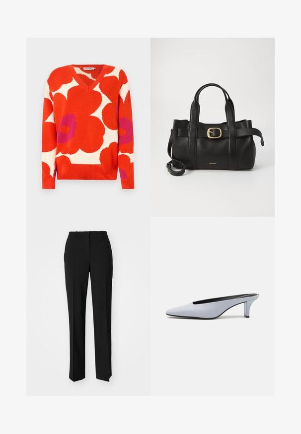 V-neck sweater featuring bold red, white, and purple floral patterns. Made of knitted fabric with ribbed cuffs and hem.; Black tailored trousers with a straight-leg design, featuring a smooth texture and crisp creases along the front. No visible hardware.; Light blue patent leather mule with a pointed toe, low transparent heel, and a sleek design featuring a cut-out at the vamp.; Black leather handbag featuring a structured design, dual top handles, gold-tone buckle accent, and embossed brand logo at the front.