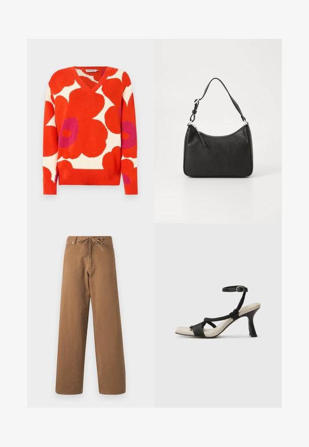 V-kaklo megztinis, papuoštas ryškiai raudonais, baltais ir purpuriniais gėlėmis. Pagamintas iš megztos medžiagos su raukšlėtomis rankogaliais ir apačia.; Rudos plačios kojos kelnės, pagamintos iš medvilnės, su raišteliu liemenyje ir dviem priekinėmis kišenėmis. Tekstūruota medžiaga su lygia apdaila.; Juodų aukštakulnių sandalų su pintu dirželiu dizainas, kvadratine nosimi ir reguliuojamu kulkšnies dirželiu. Šviesiai bežė padas su blizgiu juodu kulnu.; Juoda odinė rankinė su išlenkta forma, viena dirželiu, užtrauktuko uždarymu ir subtiliu ženklinimu priekyje. Lygus paviršius, minimalistinis dizainas.
