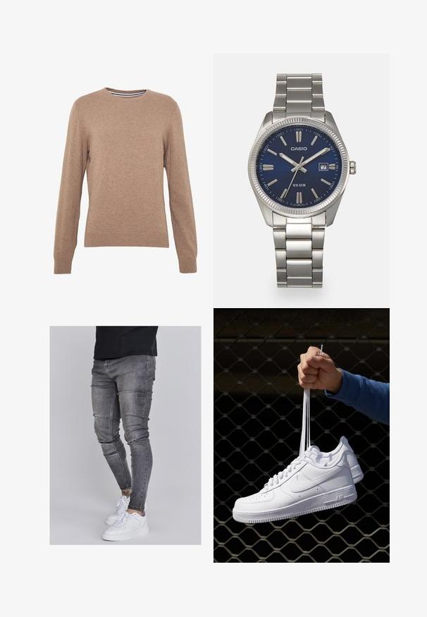 Rudas megztinis pagamintas iš mezginio audinio, su apvalia iškirpte ir ilgomis rankovėmis. Raštuoti rankogaliai ir apačia, vientisa spalva su minkšta tekstūra.; Lieknos džinsai iš išbluko pilkos džinsinės medžiagos, su pažeidimais keliuose, derinami su baltais sportiniais batais. Lygi tekstūra, siauras siluetas.; Balti odiniai sportiniai bateliai su perforacijomis, apvalia nosimi, plokščiu padu ir storomis raištelėmis, su matomu swoosh logotipu ir "AIR" ant kulno.; Sidabrinis nerūdijančio plieno laikrodis su tamsiai mėlynu ciferblatu, metaliniais valandų žymenimis ir datos langeliu 3 valandą. Atsparus vandeniui iki 50 metrų.