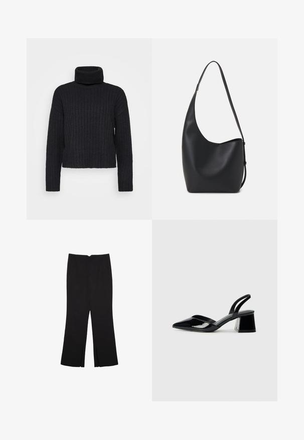 Svart, ribbad stickad turtlenecktröja med långa ärmar och en avslappnad passform. Har en hög, vikt krage och strukturerad tyg.; Svarta byxor med rak passform, utrustade med framfickor och sidoklyvningar vid fållen. Tillverkade av mjukt, slätt tyg. Lämpliga för olika tillfällen.; Svarta lackläder slingback klackar med spetsig tå och geometrisk klack. Har en elegant, minimalistisk design och slät yta.; Svart läder hobo-väska med en slät textur, kurvig form och en justerbar axelrem; har en bred öppning upptill.