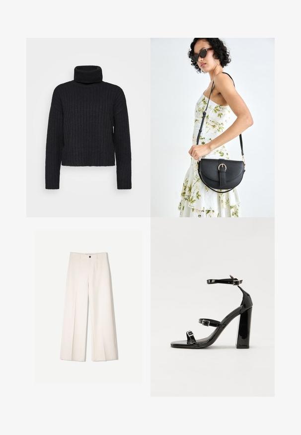 Pulover negru, tricotat cu model ribat pe gât, cu mâneci lungi și o croială lejeră. Dispune de un guler înalt, pliat și o țesătură texturată.; Pantaloni largi de culoare crem, cu un design croit, având două buzunare la față și o închidere cu un singur nasture în față, realizați dintr-un material neted.; Sandale cu toc din patent negru, cu vârf pătrat, curele la gleznă și catarame din argint. Dispune de un toc gros pentru stabilitate.; Geantă din piele neagră, cu o formă curbată, curea detașabilă și accesorii aurii. Geanta are un capac cu un detaliu tip cataramă.