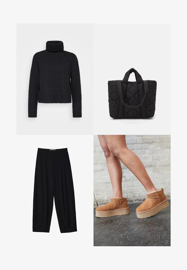 Črna, rebrasta pletena pulover s turtleneck ovratnikom in dolgimi rokavi, sproščenega kroja. Ima visok, prepognjen ovratnik in teksturirano tkanino.; Črne široke hlače iz lahkega materiala z naprsnimi gubami, klasičnim pasom in stranskimi žepi. Gladko teksturo.; Rjavi semiš škornji do gležnjev s puhastim podlogo, debelim bež platformnim podplatom in zanko na zadnji strani. Teksturirana površina z vidnimi šivi.; Črna kviltana torba z dvema trdnima ročkama, ki se ponaša s teksturirano tkanino z diamantskim vzorcem za vzdržljivost in stil.