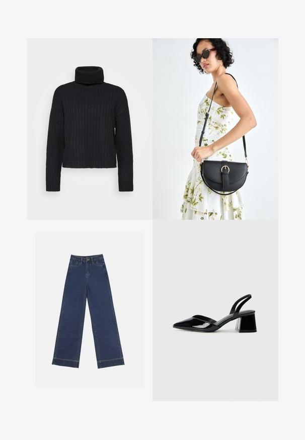 Schwarz, gerippter Strickturtleneck-Pullover mit langen Ärmeln und einer lockeren Passform. Verfügt über einen hohen, umgeschlagenen Kragen und strukturierten Stoff.; Weite Jeans in dunkelblauem Denim. Verfügt über fünf Taschen, Gürtelschlaufen und einen rohen Saum am unteren Ende mit sichtbaren Nahtdetails.; Schwarze Lackleder-Slingback-High Heels mit spitzem Schuh und einem geometrischen Blockabsatz. Verfügt über ein schlankes, minimalistisches Design und eine glatte Textur.; Schwarze Lederhandtasche mit geschwungener Form, abnehmbarem Tragegurt und goldenen Beschlägen. Die Tasche verfügt über einen Deckel mit einer Schnallen-Details.