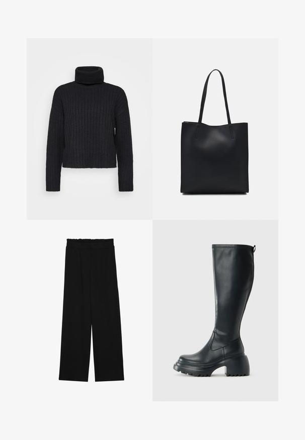 Juodas, raukšlėtas megztinis su aukštu kaklu, ilgomis rankovėmis ir laisvu siluetu. Ypatybės - aukštas, sulankstytas koloritas ir tekstūruota medžiaga.; Juodi platūs kelnes su volaniniu juosmeniu, turinčiu dvi šonines kišenes ir glotnią, lengvą medžiagą. Nėra matomų raštų ar detalių.; Ilgas juodos odinės batai su masyvi platforma ir stačiakampiu kulnu, turintys traukimo kilpą ir tekstūruotą pado raštą.; Juodas odinis tote krepšys su lygia tekstūra, stačiakampio formos ir dviem ilgais rankenomis. Matomų metalinių detalių ar puošybos nėra.