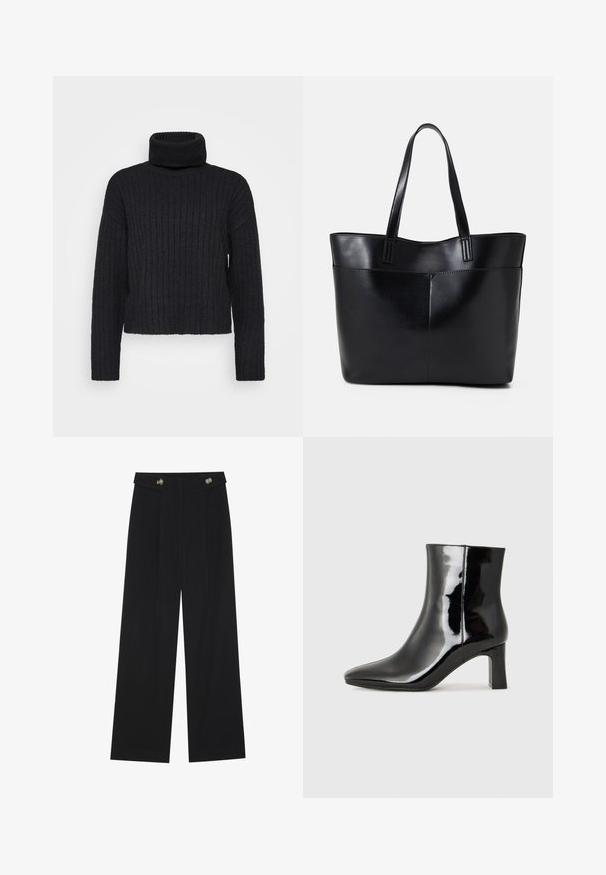 Black, ribbed knit turtleneck sweater with long sleeves and a relaxed fit. Features a high, folded collar and textured fabric.; Black wide-leg trousers with high waist, button details on waistband, and front pleats.; Black patent leather ankle boot with a pointed toe and a mid-height block heel. Smooth texture and minimalist design.; Black leather tote bag with two long handles, a smooth texture, and a structured shape. Features a front pocket for additional storage.