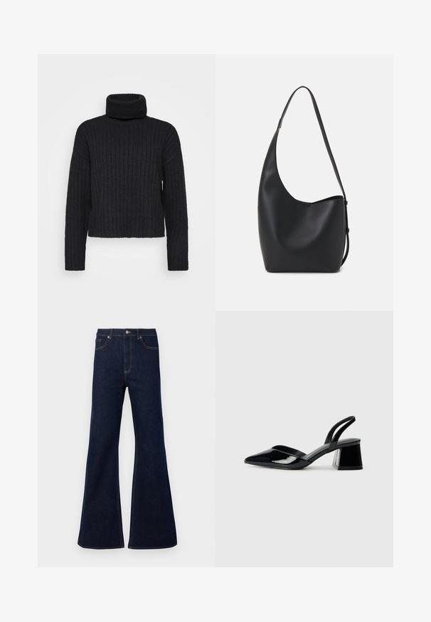 Maglione a collo alto in maglia nera a coste, con maniche lunghe e vestibilità comoda. Presenta un colletto alto e un tessuto testurizzato.; Jeans in denim blu scuro a gamba larga con vita alta, tasche frontali e dettagli in cucitura dorata. Tessuto morbido con un taglio tradizionale.; Décolleté in vernice nera con punta affusolata e tacco in geometria cubica. Presentano un design elegante e minimalista, con una texture liscia.; Borsa hobo nera in pelle con una superficie liscia, forma curvata e una singola tracolla regolabile; presenta un'ampia apertura nella parte superiore.