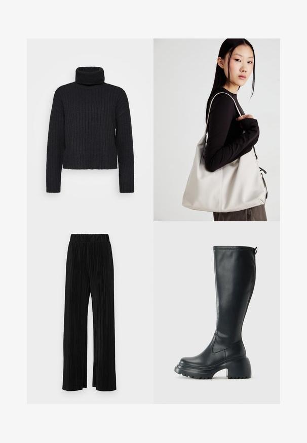 Black, ribbed knit turtleneck sweater with long sleeves and a relaxed fit. Features a high, folded collar and textured fabric.; Black pleated trousers with an elastic waistband. Features wide legs and a smooth, textured fabric with vertical stripes.; Tall black leather boot with chunky platform sole and block heel, featuring pull tab and textured tread on outsole.; Beige handbag made of soft material, featuring a slouchy design, stitched detailing, and two shoulder straps. Suitable for everyday use.