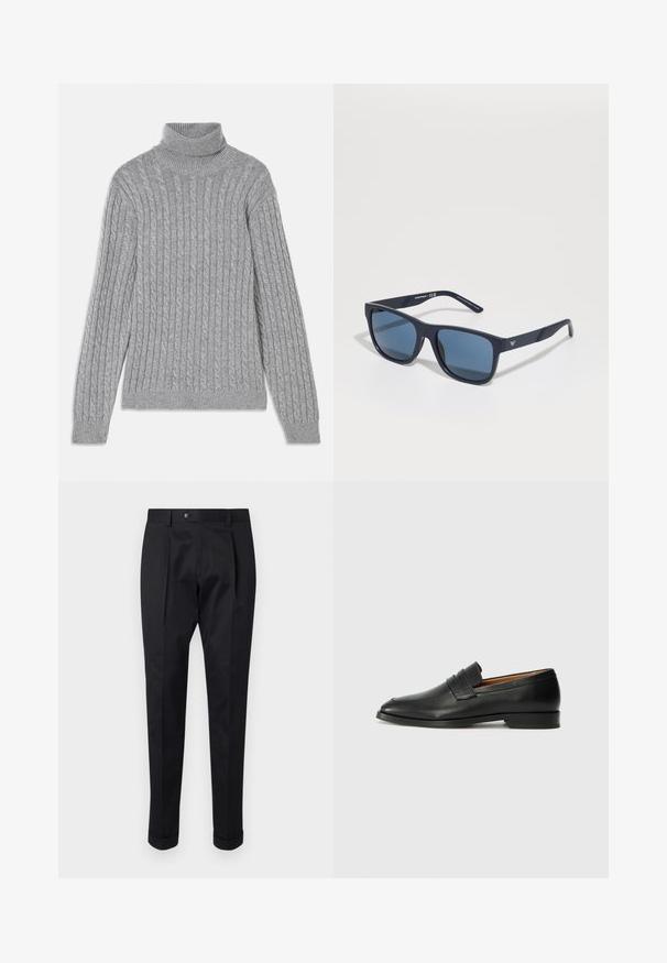 Gray turtleneck sweater made from textured knit fabric, featuring a cable pattern, long sleeves, and ribbed cuffs and hem.; Black trousers made of a smooth fabric, featuring a fold at the front, a button closure, and rolled cuffs at the ankle.; Black leather loafer with a rounded toe, subtle stitched detailing, and a low heel, featuring a smooth texture and minimalist design.; Blue rectangular sunglasses with dark lenses, matte navy frame, logo detail on the temple, straight arms, and a solid, smooth texture.