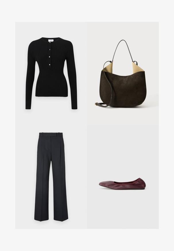 Black long-sleeve ribbed top featuring a round neckline and a button placket with silver-tone buttons. Smooth texture, fitted design.; Dark blue pinstriped trousers with a high waist, wide leg design, and no visible hardware or embellishments. Smooth texture and tailored fit.; Ballet flat in deep burgundy leather, featuring a rounded toe, elasticized rim, and smooth texture with subtle pleating detail.; Dark brown suede handbag with a smooth texture, a minimalist design, and contrasting light-colored interior. Features a long leather strap.