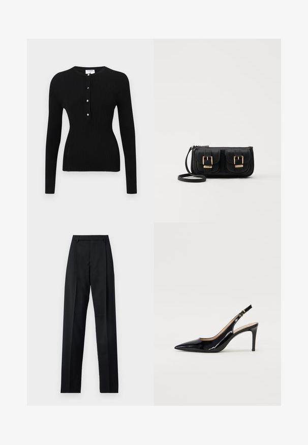Μαύρο ribbed μπλουζάκι με μακριά μανίκια, που διαθέτει στρογγυλή λαιμόκοψη και κουμπιά σε ασημί απόχρωση. Λείος υφασμάτινος χαρακτήρας, εφαρμοσμένος σχεδιασμός.; Μαύρο παντελόνι φτιαγμένο από λείο ύφασμα με ψηλή μέση, φαρδιές γάμπες, πλάγιες πιέτες και κλασσικές θηλιές ζώνης. Δεν υπάρχουν ορατές πλαϊνές τσέπες.; Μαύρη πατέν κλίνγκμπακ άντρες με μυτερή μύτη, λεπτό τακούνι και διακριτικό σχέδιο κοψίματος. Διαθέτει χρυσό κούμπωμα στη λωρίδα.; Μαύρη δερμάτινη τσάντα ώμου με δύο μπροστινές τσέπες, χρυσά κούμπωματα, κλείσιμο με φερμουάρ και λεπτό λουρί. Υφή επιφάνειας και κομψό ορθογώνιο σχήμα.