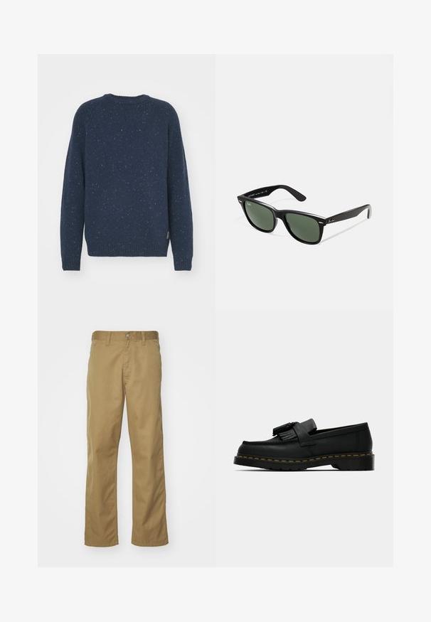 Carhartt WIP ANGLISTIC - Jumper - air force blue; Khaki chinos with a straight leg design, made of smooth cotton fabric. Features a front button closure and side pockets.; Black leather loafer with tassels, yellow stitching along the sole, and a thick, ridged rubber outsole.; Black plastic sunglasses with green lenses, square frames, silver accent on the brow, and textured temple arms. Stated brand on inner arm.