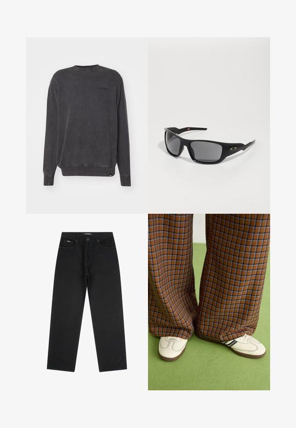 Dickies PLENTYWOOD - Camisola - black; Jeans pretos de perna reta com botão e fecho na frente, passantes para cinto e design de cinco bolsos, deitados sobre um fundo branco.; Calças largas em padrão xadrez castanho e azul, combinadas com sapatos brancos com detalhes pretos e solas texturizadas, contra um fundo verde.; Óculos de sol pretos com forma retangular, feitos de plástico durável, com lentes cinzas e um detalhe dourado na lateral.