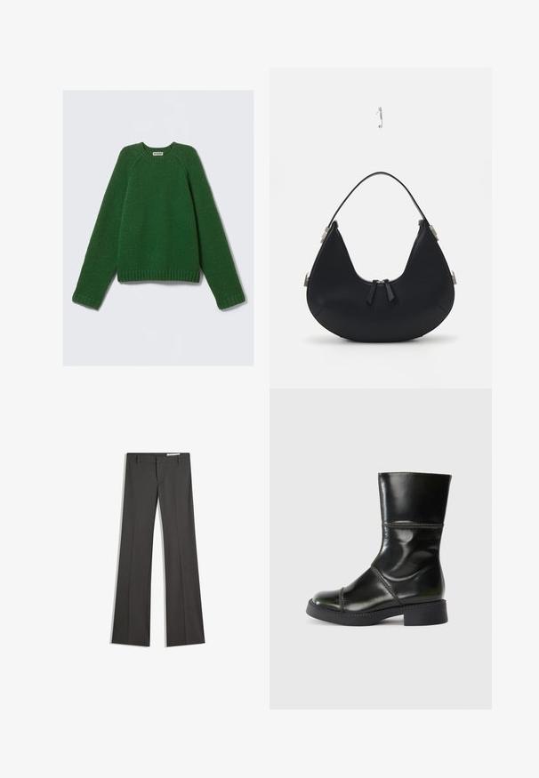 Maglione a maniche lunghe con colletto a girocollo di colore verde scuro, in maglia texturizzata, con polsini, orlo e scollatura a coste, steso su uno sfondo bianco.; Pantaloni grigi a campana in un tessuto morbido, con vita piatta, passanti per la cintura e un design su misura con linee pulite.; Stivaletto in vera pelle nera con punta tonda, finitura liscia, cuciture a contrasto e tacco a blocco, caratterizzato da una silhouette leggermente affusolata.; Borsa a mano in pelle nera con forma curva, chiusura con zip, due nappine nere e dettagli in metallo argentato, compresa una particolare decorazione di attacco.