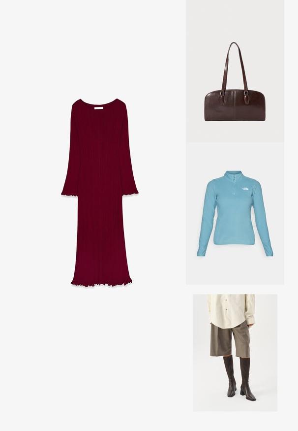 The North Face 100 GLACIER 1/4 ZIP - Fleecepullover - algae blue; Weinrote Langarmkleid mit geripptem Muster, ausgestellten Ärmeln und einem gewellten Saum. Mit Rundhalsausschnitt und bodenlanger Passform.; Braune knöchelhohe Stiefel mit quadratischer Zehenpartie und Blockabsatz, kombiniert mit einem beigen Oversized-Hemd und braunen karierter Culotte.; Braune Ledertasche mit zwei langen Tragegriffen, einer strukturierten rechteckigen Form, glatter Textur und abgerundeten Kanten. Besitzt Akzentdetails an den Griffen.