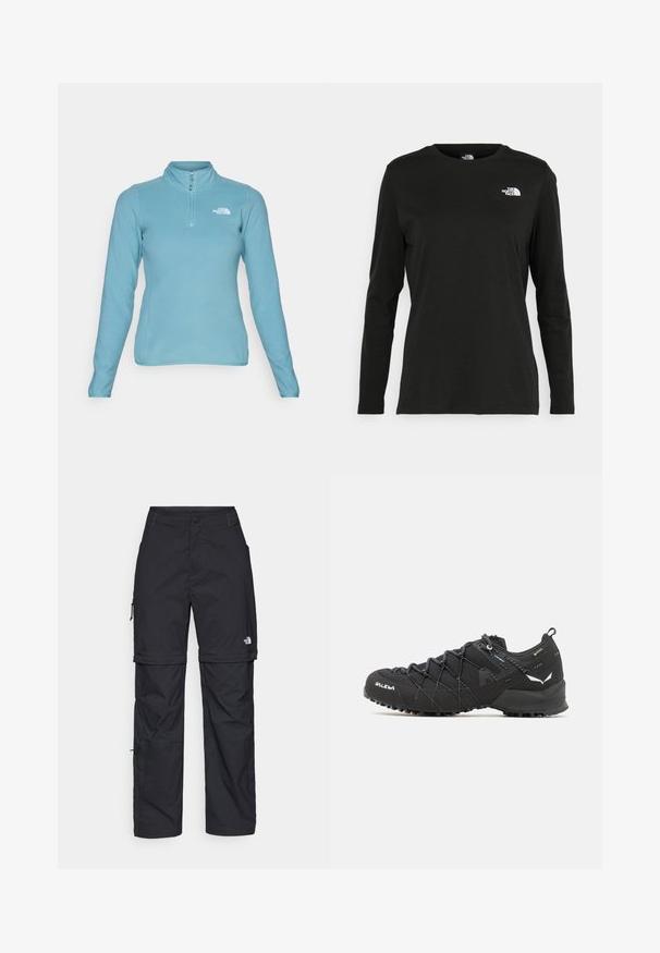 The North Face 100 GLACIER 1/4 ZIP - Fleecepullover - algae blue; Schwarzes Langarm-T-Shirt aus Baumwolle mit Rundhalsausschnitt. Verfügt über ein kleines weißes Logo auf der linken Brustseite. Einfaches Design und Passform.; Schwarze Nylon-Zip-Off-Cargohosen mit verstellbaren Bündchen, mehreren Taschen und einem Logo am rechten Bein. Glatte, leichte Textur.; Schwarze Wanderschuhe mit einem strukturierten Obermaterial aus Stoff, Schnürsystem und robuster Gummisohle. Akzentuiert mit reflektierenden Details und Logos.