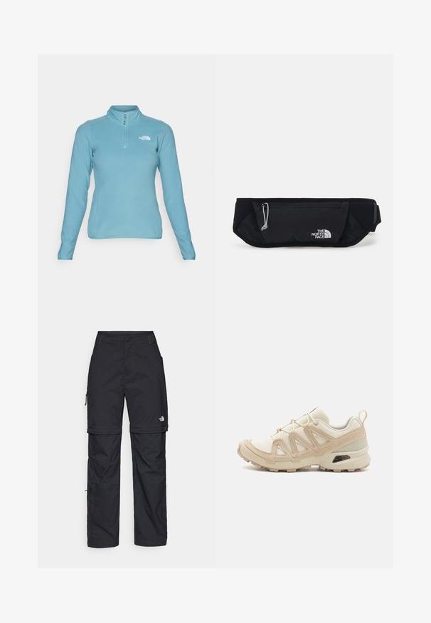 The North Face 100 GLACIER 1/4 ZIP - Flisinis džemperis - algae blue; Juodas ilgomis rankovėmis medvilninis marškinėliai su apvali apykakle. Savybė - mažas baltas logotipas kairėje krūtinės pusėje. Paprastas dizainas ir pritaikymas.; Juodos nailoninės krovinių kelnės su reguliuojamais rankovėmis, daugybe kišenių ir logo ant dešinės kojos. Lygi, lengva tekstūra.; Bežinės ir kreminės spalvos sportinės bateliai su tekstūruoto tinklelio viršutine dalimi, palaikančiomis detalėmis ir guminiais padais, turinčiais raštą, užtikrinantį sukibimą.; The North Face SUNRISER RUN BELT UNISEX - Diržinis krepšelis - black/white