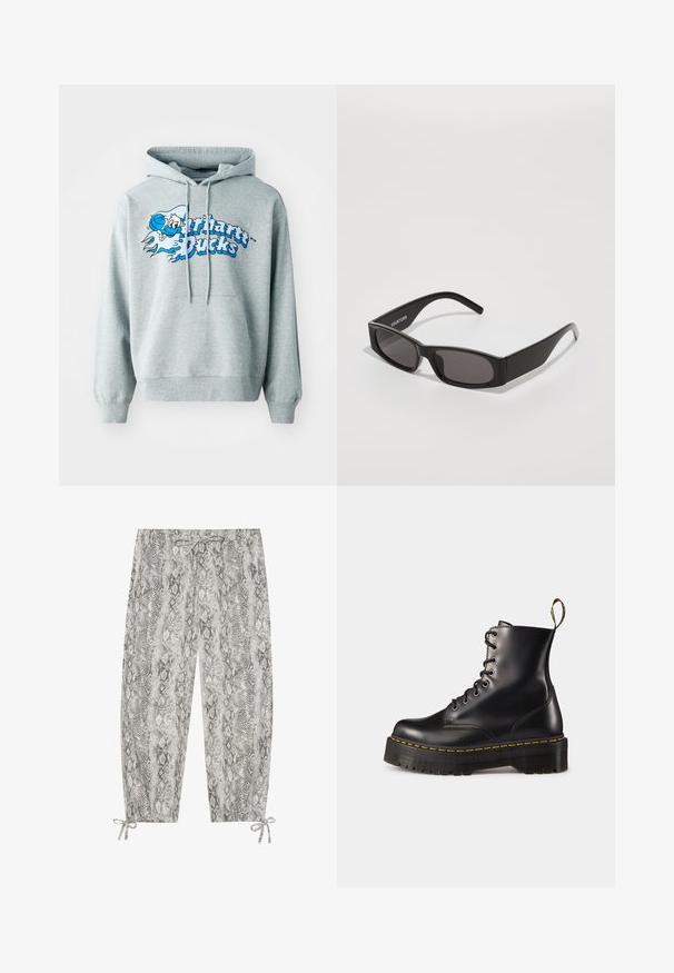 Felpa grigia in cotone con cappuccio regolabile, tasca frontale e una grafica blu che presenta un testo e un personaggio in stile cartone animato. Morbida al tatto.; Pantaloni con stampa serpente grigia e nera, con vita regolabile a cordoncino e lacci regolabili in fondo. Realizzati in un tessuto morbido e leggero.; Stivali alla caviglia in pelle nera con lacci, dotati di una suola nera spessa e cuciture gialle. Presentano una linguetta sul retro e occhielli metallici circolari.; Occhiali da sole rettangolari neri con lenti scure, montatura in plastica liscia e un logo sottile sul braccio sinistro. Design minimalista.