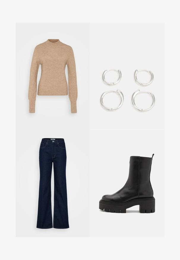 Beige ribbattu neulepusero, jossa on mock neck, pitkät hihat ja istuva malli. Pehmeä rakenne, jossa on sileä pinta. Minimalistinen muotoilu; ei kuvioita.; ONLY Tall ONLJUICY WIDE RINSE - Leveälahkeiset - dark blue denim; Mustat nahka nilkkurit paksulla pohjalla, joissa on sileä pinta ja takana silmukka helpottamaan pukemista.; Hope hopea, joissa on sileä ja kiillotettu pinta. Kaksi paria, joissa on hieman eri koko. Yksinkertainen, pyöreä muotoilu, kevyt.