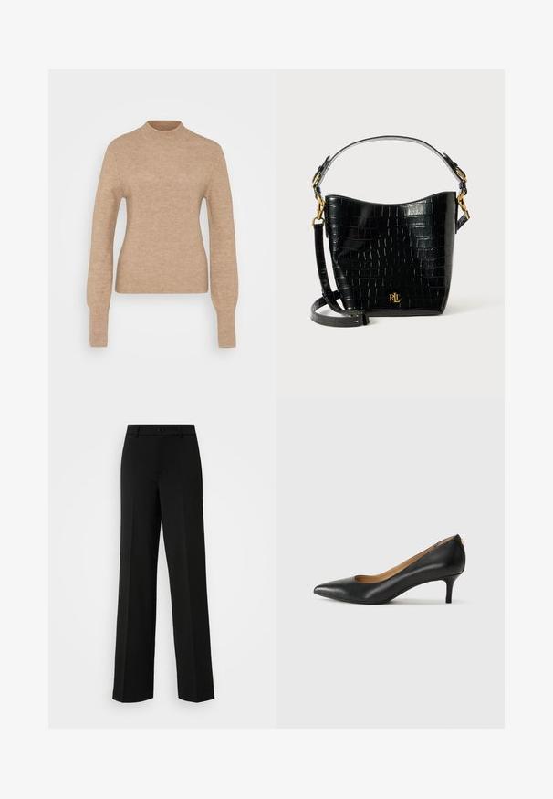 Bež pulover iz rebraste pletenine z visoko ovratnikom, dolgimi rokavi in oprijetim krojem. Mehak material z gladkim zaključkom. Minimalistična zasnova; brez vzorcev.; ONLY Tall ONLPEACH LIFE WIDE - Hlače - black; Črne usnjene črpalke s koničastim nosom, nizko peto in gladko teksturo. Imajo rahlo odprtino spredaj in minimalno opremo zadaj.; Črna torbica iz usnja z embosiranim krokodiljim vzorcem, ukrivljene oblike, z zlatimi akcenti, nastavljivim trakom in podrobnostjo logotipa spredaj.